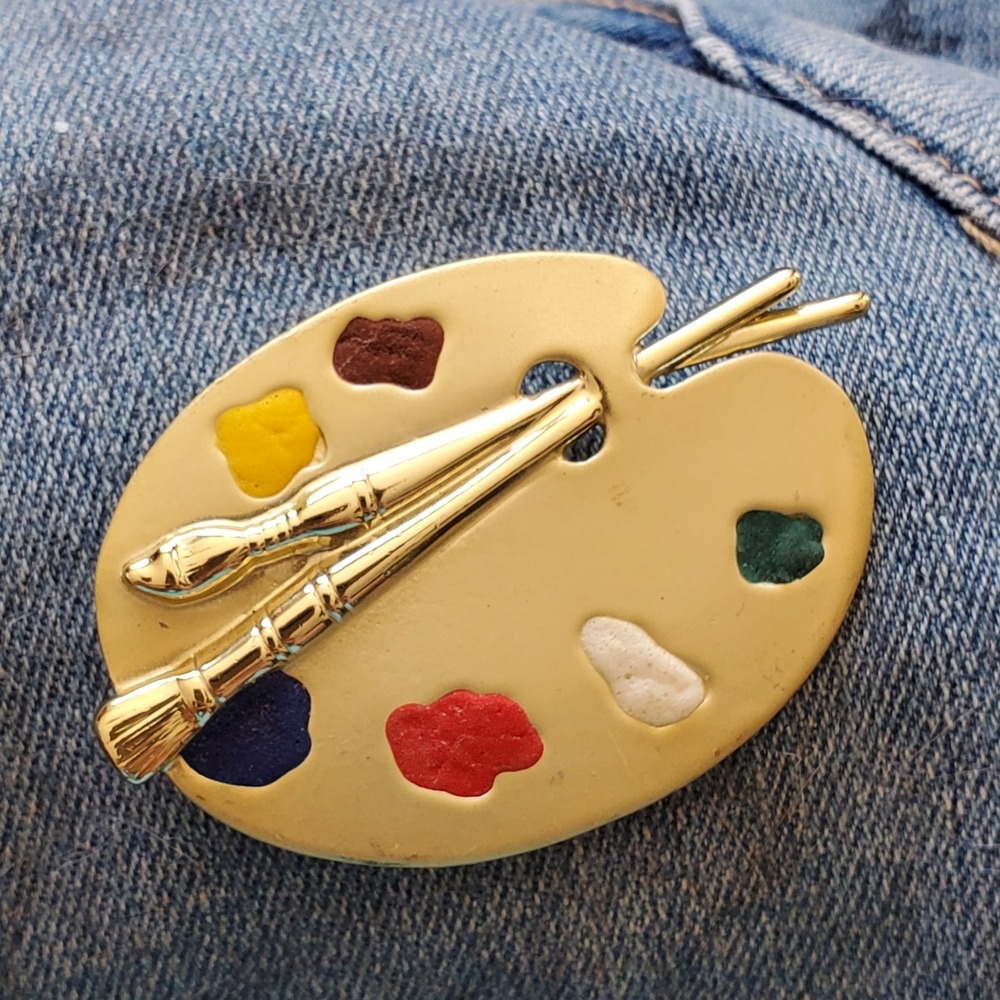 AJC Gold Tone Artist Paint Palette Brooch with Brushes‎ enamel paint splatters